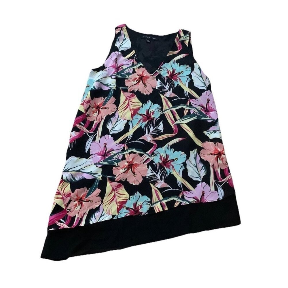 Zac & Rachel Small Black Tropical Floral Lined Sleeveless Tank Blouse Tunic NWT